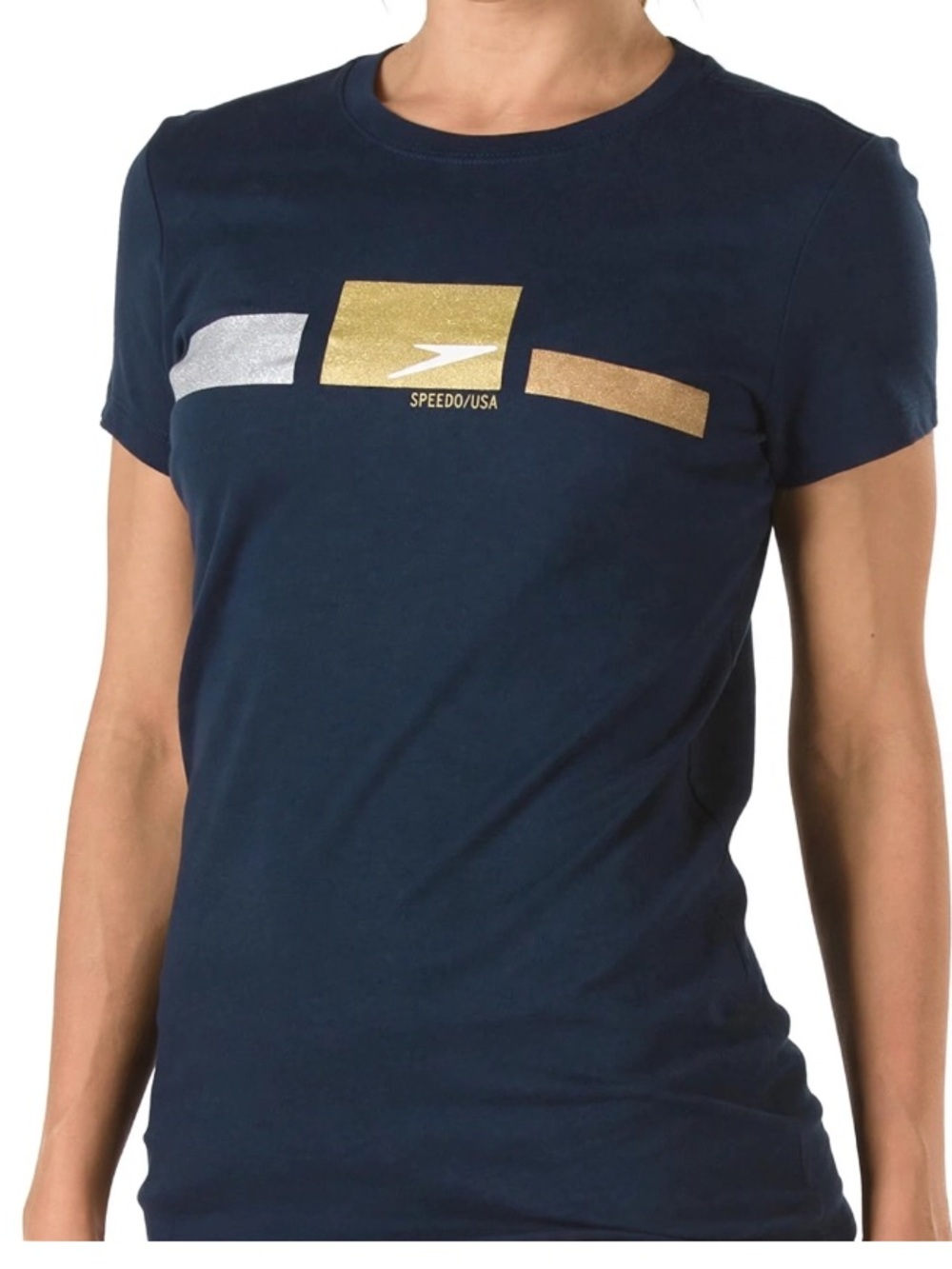 Speedo Navy Graphic T-Shirt NWT Size L - Metallic Gold Silver Logo 100% Cotton